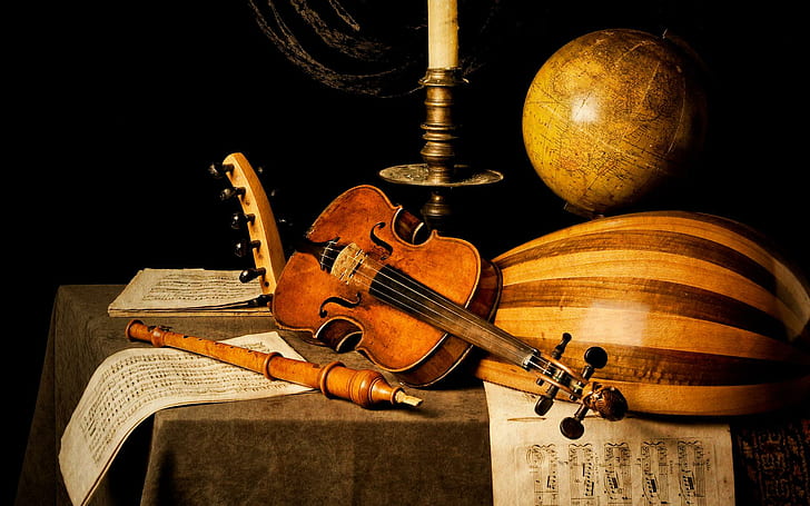 Винтидж музикални инструменти, кафява цигулка, кафява баглама, глобус за бюро и свещ, музика, 1920x1200, реколта, цигулка, флейта, маса, лист, HD тапет