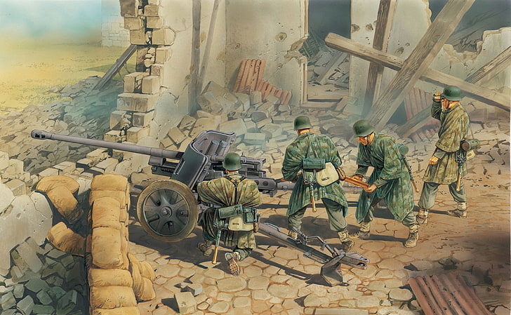 group of soldiers firing artillery digital wallpaper, war, figure, art, gun, WW2, German, position, anti-tank, the gunners, PAK-38, fire, HD wallpaper