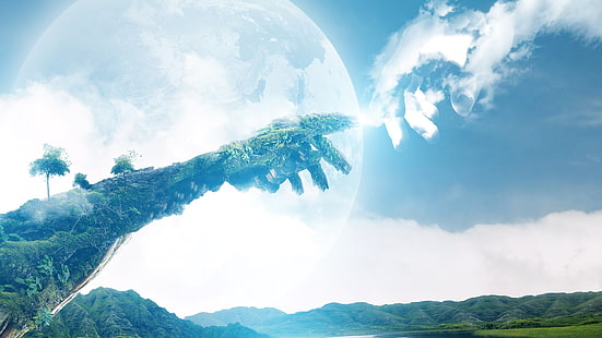 Ilustración de la mano de la naturaleza y la mano de la nube, manos, arte de fantasía, arte digital, paisaje, obras de arte, naturaleza, planeta, árboles, Fondo de pantalla HD HD wallpaper