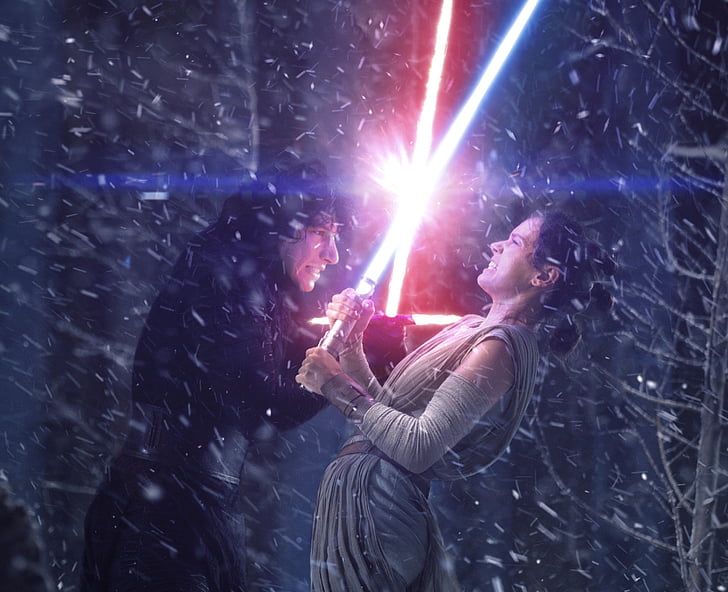 Star Wars Kylo Ren und Frau, die mit Lichtschwerter-Filmszene kämpfen, Rey, Kylo Ren, Star Wars: Das Erwachen der Macht, Lichtschwert, HD, HD-Hintergrundbild