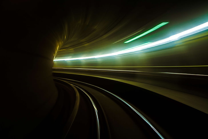 dark, light streaks, motion blur, subway, time lapse, train station, tunnel, HD wallpaper