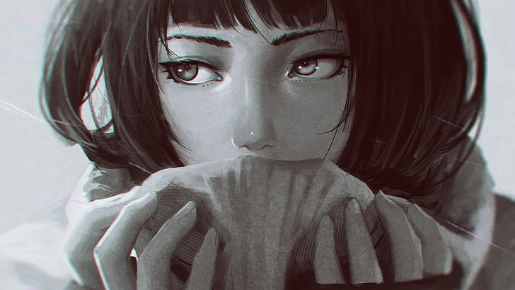schwarzhaarige weibliche Anime-Figur Tapete, einfarbig, traurig, emotional, Porträt, HD-Hintergrundbild