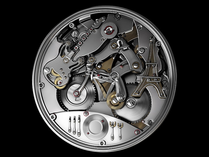 кръгъл механичен часовник със сребърен цвят, механизъм, устройство, метал, частици, HD тапет