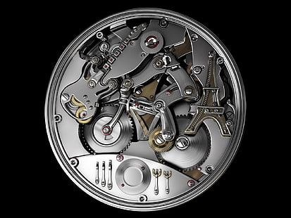 round silver-colored mechanical watch, mechanism, device, metal, particles, HD wallpaper HD wallpaper