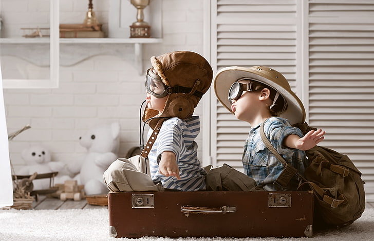 cappello da aviatore in pelle marrone per bambini, gioco, giocattoli, cappello, valigia, zaino, orsi, ragazzi, piloti, Sfondo HD