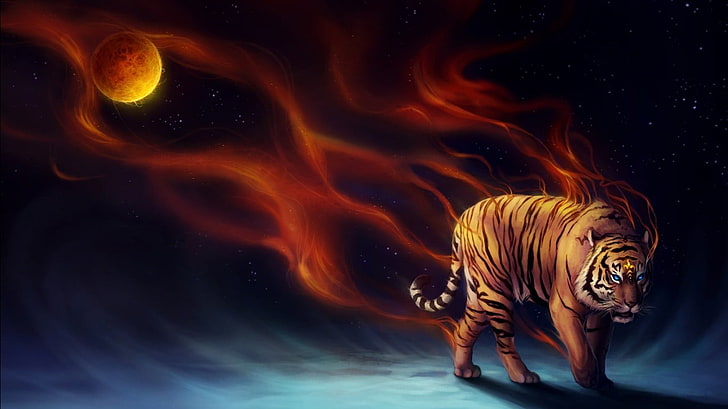 tigre avec papier peint numérique aura rouge, tigre, feu, Fond d'écran HD