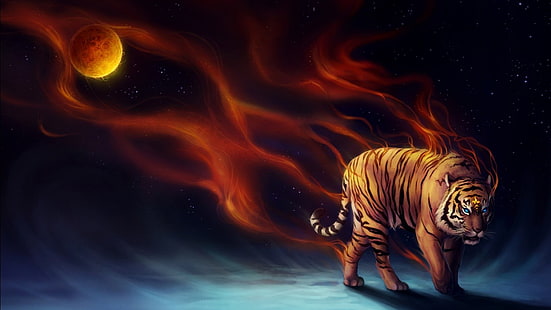 тигър с червена аура дигитален тапет, тигър, огън, HD тапет HD wallpaper