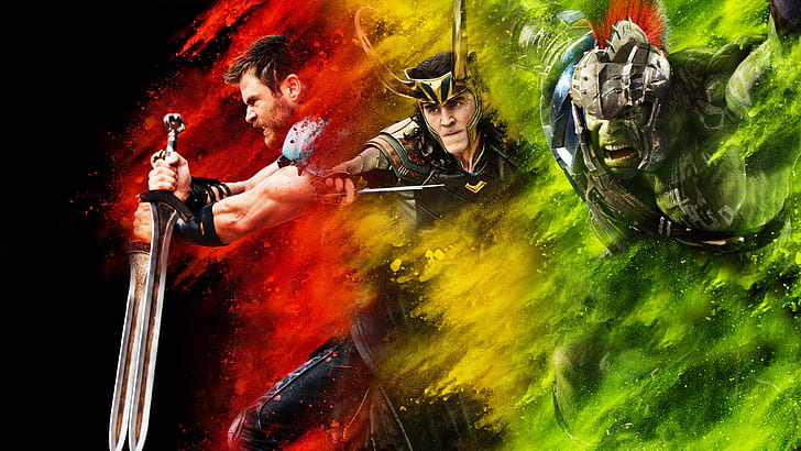 Film, Thor: Ragnarok, Chris Hemsworth, Hulk, Loki, Mark Ruffalo, Thor, Tom Hiddleston, Fond d'écran HD