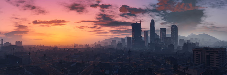 серые небоскребы, город, игра, небо, облако, Grand Theft Auto V, GTA V, GTA 5, kumo, HD обои