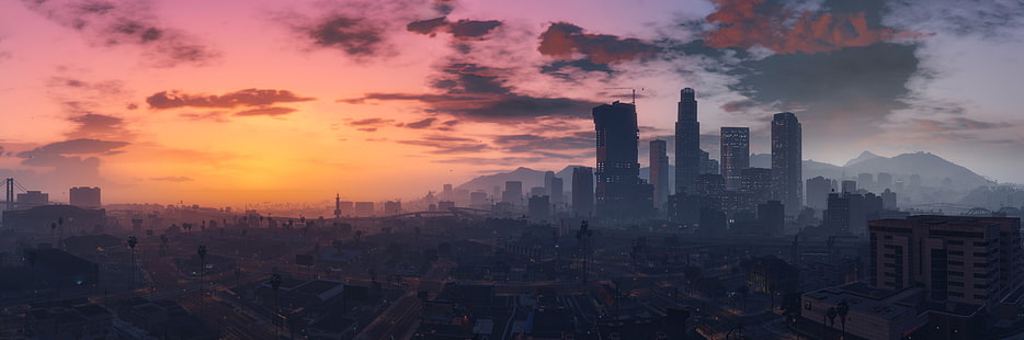 graue Wolkenkratzer, Stadt, Spiel, Himmel, Wolke, Grand Theft Auto V, GTA V, GTA 5, kumo, HD-Hintergrundbild HD wallpaper
