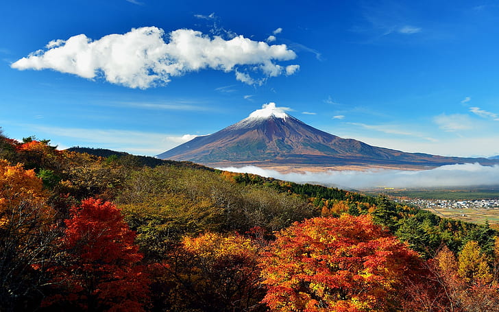 Monte Fuji Giappone, foto di paesaggio di montagna vulcanica, Monte Fuji, Giappone, paesaggio, cielo, nuvole, alberi, autunno, Sfondo HD
