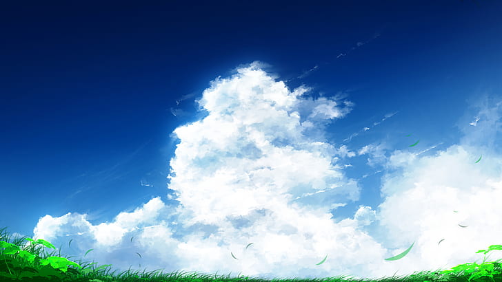 clouds, sky, grass, artwork, painting, anime, plants, white, blue, HD wallpaper