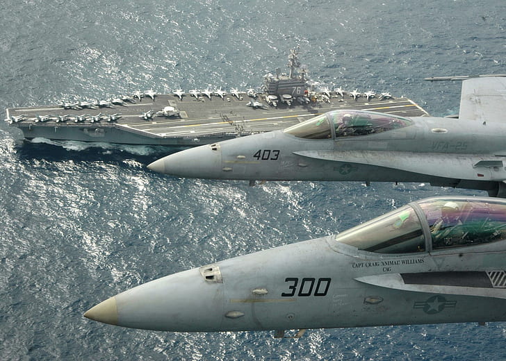 Carrier Fly By, deux f22 raptor au-dessus du porte-avions, jets de la marine américaine, porte-avions, porte-avions fly by, porte-avions, bateaux, Fond d'écran HD