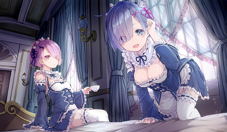 pink-haired female anime character illustration, Anime, Re:ZERO -Starting Life in Another World-, Ram (Re:ZERO), Rem (Re:ZERO), HD wallpaper