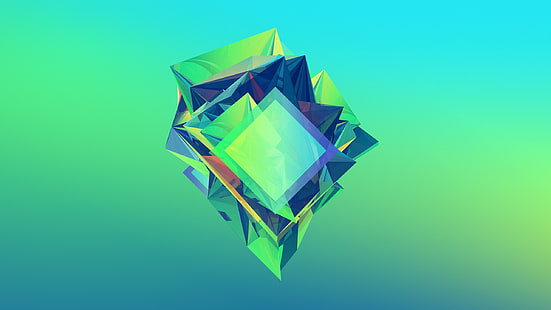 ilustrasi 3D hijau dan biru, karya seni hijau, putih, dan ungu, Justin Maller, gradien, abstrak, seni digital, latar belakang sederhana, Wallpaper HD HD wallpaper