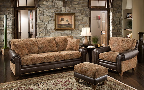 коричневый диван и кресло, интерьер, комната, стул, диван, мебель, HD обои HD wallpaper
