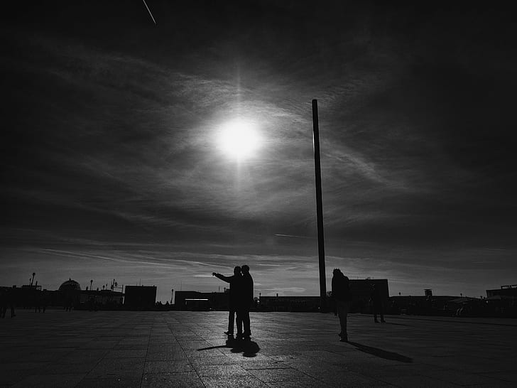 grayscale photography of a person in the street, berlin, berlin, Sky over Berlin, grayscale, photography, person, in the street, blackandwhite, bw, candid, city, citylife, couple, dark, filmnoir, geometric, geometry, germany, moment, monochrome, olympus, passage, passion, people, public, sky  shadow, sun, talk, silhouette, black And White, back Lit, men, sunset, outdoors, HD wallpaper