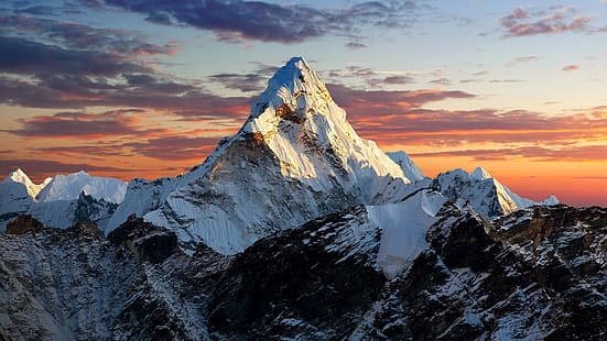 небо, пейзаж, природа, закат, облака, гора, скалы, снег, Эверест, Непал, снежные вершины, дальний вид, HD обои HD wallpaper