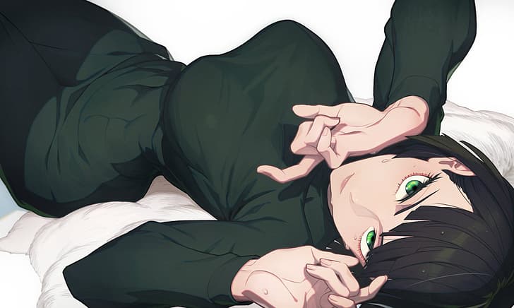 Fubuki, One-Punch Man, auf dem Rücken liegend, Blick zum Betrachter, grüne Augen, HD-Hintergrundbild