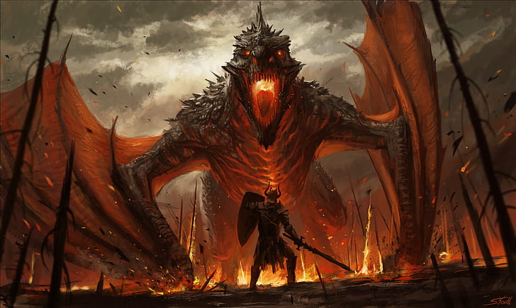 Dragon, Fire, Monster, Warrior, Fantasy, Art, Fiction, Illustration, Wyvern Slayer, Stefan Koidl, by Stefan Koidl, HD wallpaper