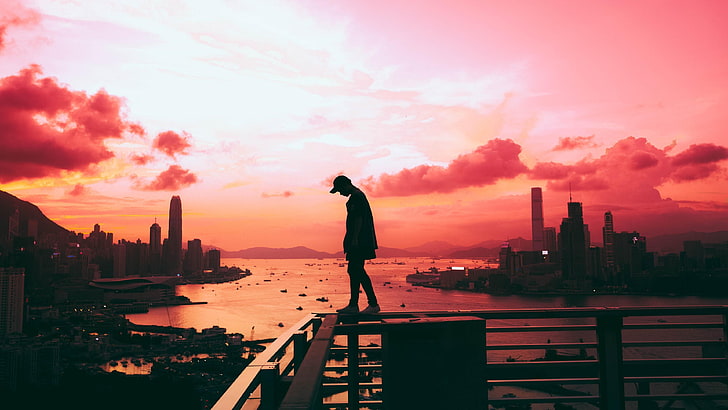 city, silhouette, pink sky, sunset, HD wallpaper