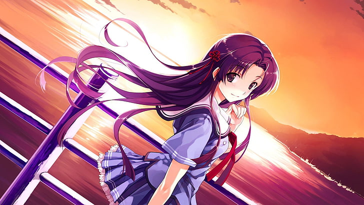 Anime, Anime Mädchen, lila Haare, lange Haare, lila Augen, lächelnd, Schuluniform, Sonnenuntergang, Haarschmuck, HD-Hintergrundbild