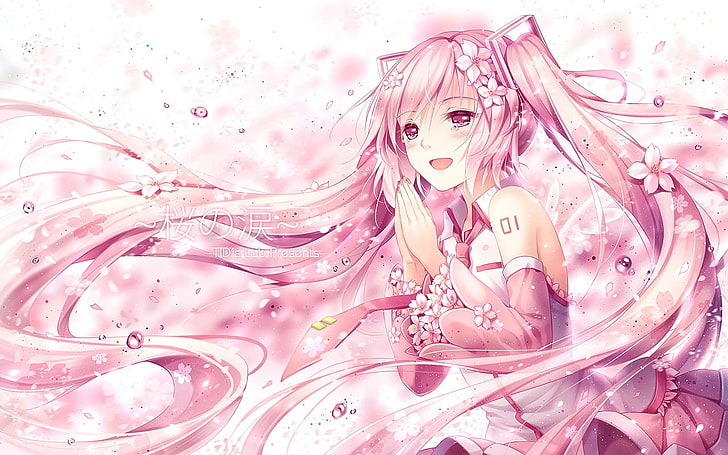 Vocaloid, Hatsune Miku, Sakura Miku, дълга коса, двойни опашки, цвете в коса, венчелистчета на цветя, вратовръзки, плач, аниме, аниме момичета, HD тапет