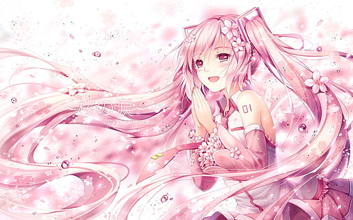 Vocaloid, Hatsune Miku, Sakura Miku, дълга коса, двойни опашки, цвете в коса, венчелистчета на цветя, вратовръзки, плач, аниме, аниме момичета, HD тапет HD wallpaper
