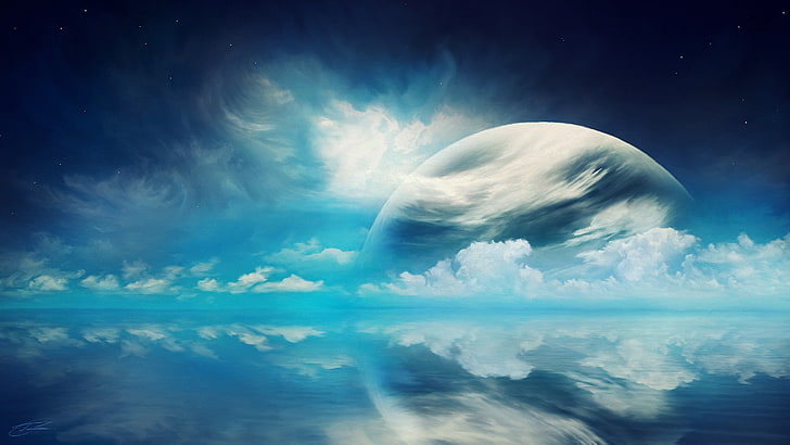 white and blue abstract painting, planet, clouds, reflection, artwork, cyan, stars, HD wallpaper