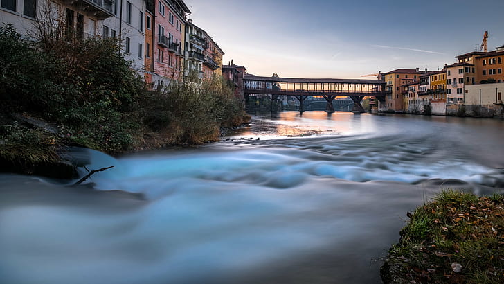 landmark river, bassano del grappa, italy, bassano del grappa, italy, Alpini, sunrise, Bassano del Grappa, Italy, Travel photography, landmark, river, grass, calm, print, nature, water, italia, orange  morning, photography, sky  bridge, bridge  river, horizontal, fine art, tranquil, prints, landscape, winter, old  european, photo, outdoor, landscapes, cityscape, wood, waves, blue sky, sun, photograph, vo, beautiful, travel, canvas, peaceful, green, scenic, europe, depth, yellow, bridge - Man Made Structure, architecture, florence - Italy, famous Place, HD wallpaper