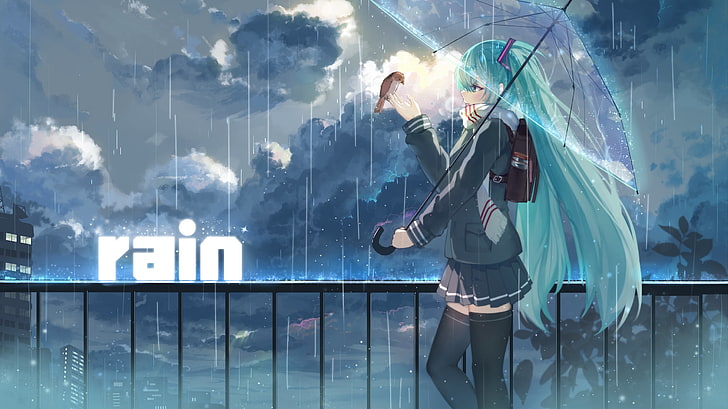 illustrazione di carattere anime donna dai capelli verdi, haraguro you, vocaloid, hatsune miku, ragazza, ombrello, pioggia, Sfondo HD