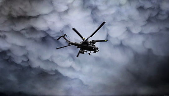 Himlen, moln, helikopter, armé, Ryssland, luftfart, BBC, Mi-28N, spoilern, nattjägare, ryska flygvapnet, Mi-28, mil, Mi 28, attackhelikopter, Mi28n, Ми28, madeinkipish, HD tapet HD wallpaper