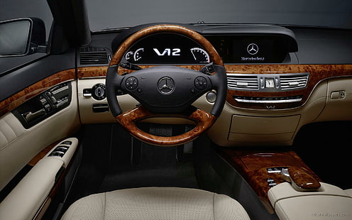 2010 Mercedes Benz S Class ภายใน, ล้อรถอเนกประสงค์สีดำและสีน้ำตาล, ภายใน, 2010, mercedes, benz, class, cars, mercedes benz, วอลล์เปเปอร์ HD HD wallpaper