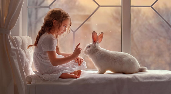 فتاة لطيفة ، لطيفة ، فتاة ، أرنب ، حيوان ، حيوانات أليفة ، أرنب ، طفل، خلفية HD HD wallpaper