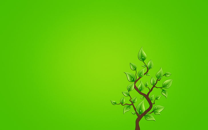ilustrasi pohon berdaun hijau, daun, tetesan, pohon, minimalis, cabang, latar belakang kehijauan, Wallpaper HD