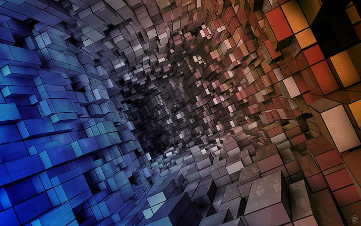 multicolored cubes wallpaper, tunnel, dive form, cubic, space, HD wallpaper
