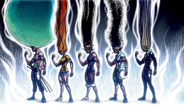 Илюстрация на герои от едно парче, без заглавие, One Piece, аниме, Roronoa Zoro, Nami, Monkey D. Luffy, Usopp, Sanji, Hunter x Hunter, HD тапет