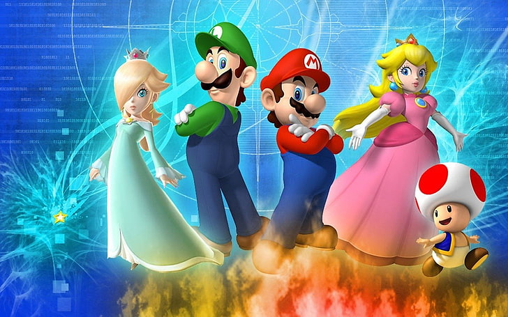 Mario, Super Mario Galaxy, Luigi, Princess Peach, Rosalina (Mario), Toad (Mario), HD tapet