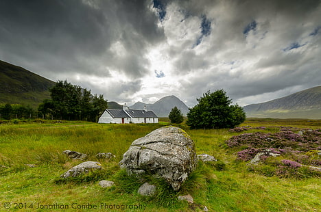 photography gray stone on grassy field beside trees and gray house under cloudy sky during daytime, Black Rock, Cottages, Explored, photography, stone, grassy, field, trees, gray house, cloudy, sky, daytime, Scotland, landscapes, landscape, nature, mountain, grass, scenics, outdoors, cloud - Sky, meadow, summer, HD wallpaper HD wallpaper