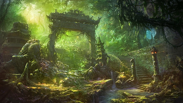 arte de fantasía, bosque, naturaleza, ruinas, vegetación, antigua, arbolado, selva, ruina, selva tropical, pintura, bosque viejo, paisaje, árbol, luz solar, Fondo de pantalla HD