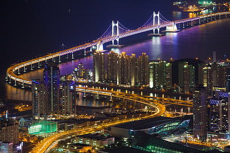 La ville de Busan, fond d'écran de la ville, République de Corée, la ville de Busan, accueil, bâtiment, pont, Kvanan, éclairage, lumières, nuit, vue panoramique, Fond d'écran HD HD wallpaper