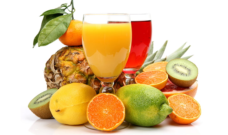 плодове киви, портокал, лимон и ананас, лимон, портокали, киви, лайм, плодове, ананас, цитрусови плодове, грейпфрут, мандарина, сокове, HD тапет
