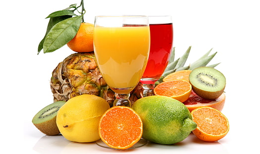 Kiwi, Orange, Zitrone und Ananas, Zitrone, Orangen, Kiwi, Limette, Obst, Ananas, Zitrusfrüchte, Grapefruit, Mandarine, Säfte, HD-Hintergrundbild HD wallpaper