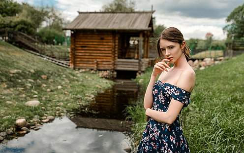 Evgeny Markalev, women, model, brunette, looking at viewer, dress, bare shoulders, women outdoors, Disha Shemetova, HD wallpaper HD wallpaper