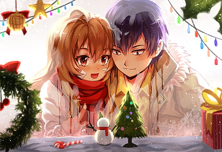 toradora, taiga x ryuji, christmas, romance, red scarf, couple, Anime, HD wallpaper HD wallpaper