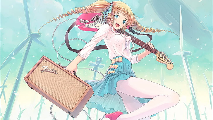 anime, anime girls, blonde, long hair, open mouth, blue eyes, smiling, original characters, guitar, pantyhose, twintails, musical instrument, looking at viewer, HD wallpaper