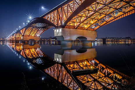 Мост Сонсу, Южная Корея, огни, отражение, река Хан, Сеул, ночь, HD обои HD wallpaper