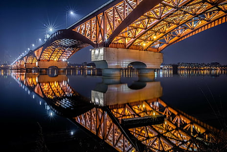 Южна Корея, Сеул, отражение, река Хан, светлини, нощ, мост Сонгсу, HD тапет HD wallpaper