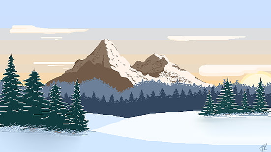 природа, пейзаж, пикселно изкуство, пикселиран, пиксели, планини, Wavestormed, дървета, зима, борови дървета, сняг, снежен връх, HD тапет HD wallpaper