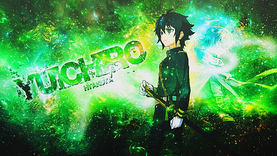 Owari No Seraph, Yuichiro Hyakuya (Owari no Seraph), anime, anime boys, sfondo verde, occhi verdi, Sfondo HD HD wallpaper